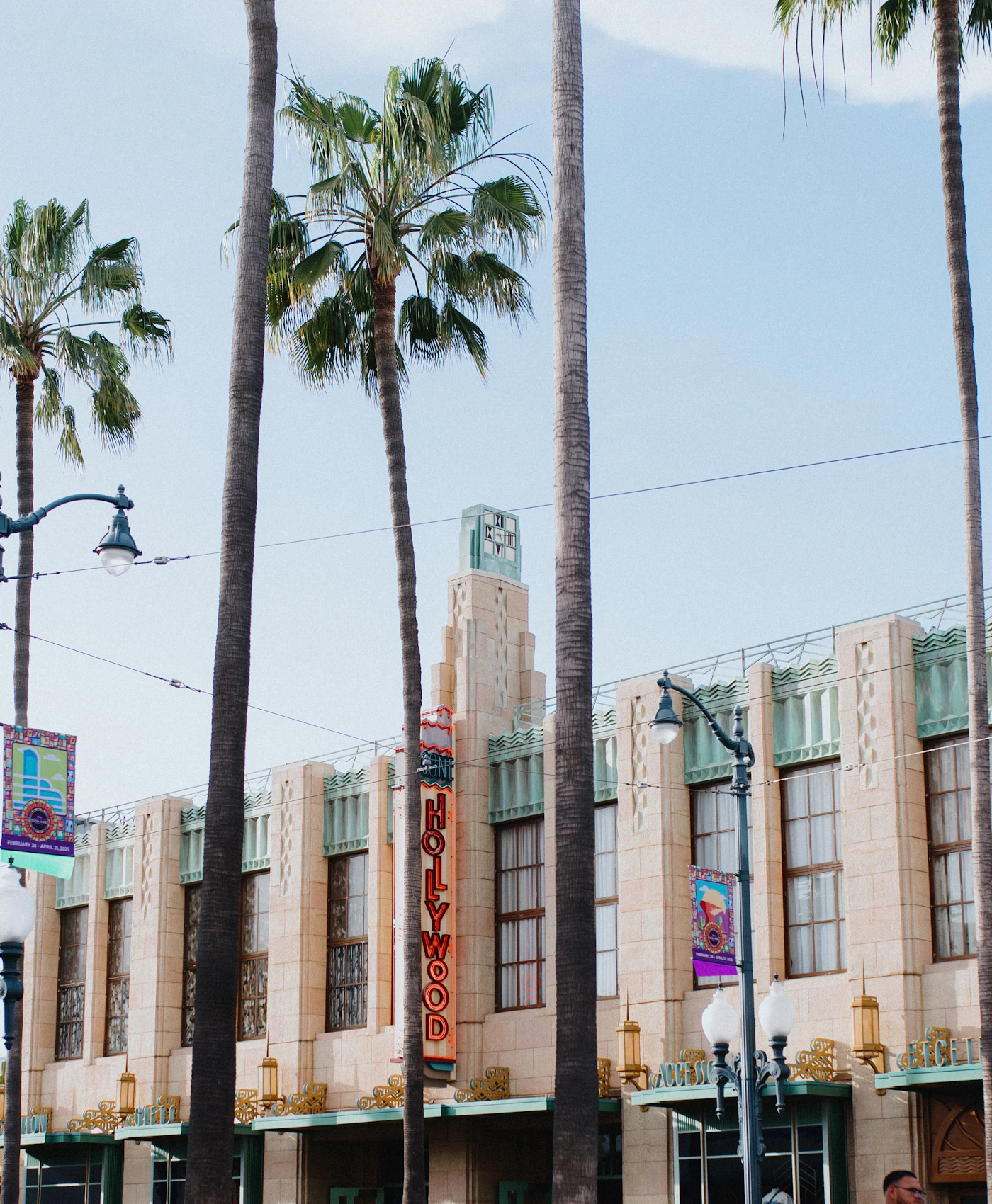 Palm-lined Art Deco streetscape in Anaheim
