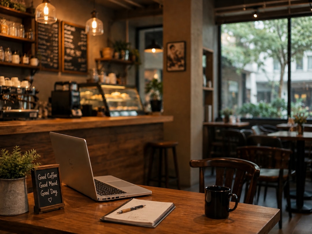Cafe table with laptop, notebook, and coffee mug