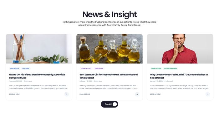 Acorn Family Dental — News & Insight blog section with dental health articles