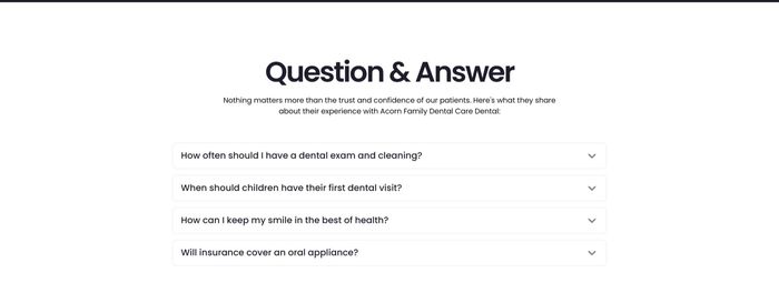 Acorn Family Dental — Question & Answer FAQ section with expandable accordion