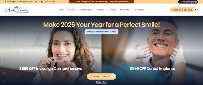 Acorn Family Dental Care hero — Make 2026 Your Year for a Perfect Smile with dental banner