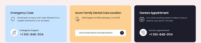 Acorn Family Dental info bar — emergency care, location, and appointment booking