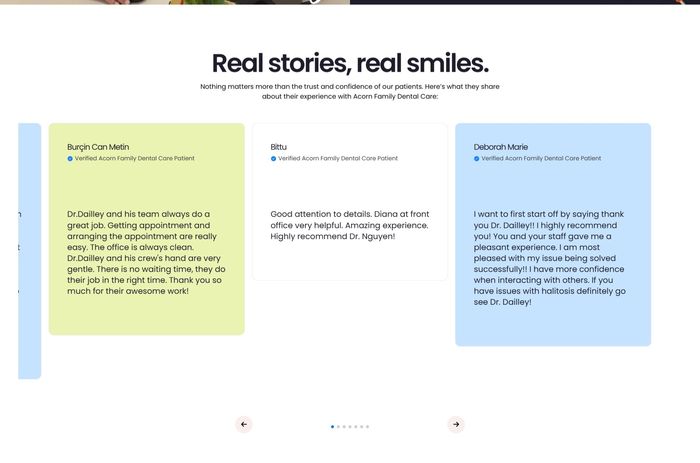 Acorn Family Dental — Real stories, real smiles patient testimonials with star ratings