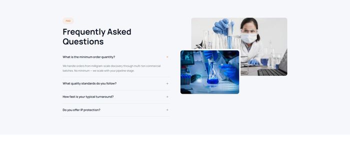 ChemContract frequently asked questions with expandable accordion and lab imagery