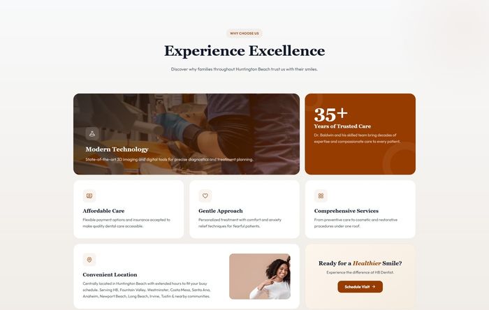 HB Dentist Experience Excellence — modern technology, affordable care, gentle approach feature cards
