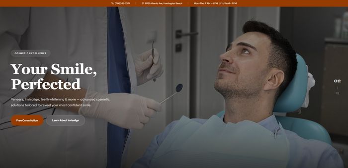 HB Dentist hero section — Your Smile, Perfected with cosmetic dental imagery