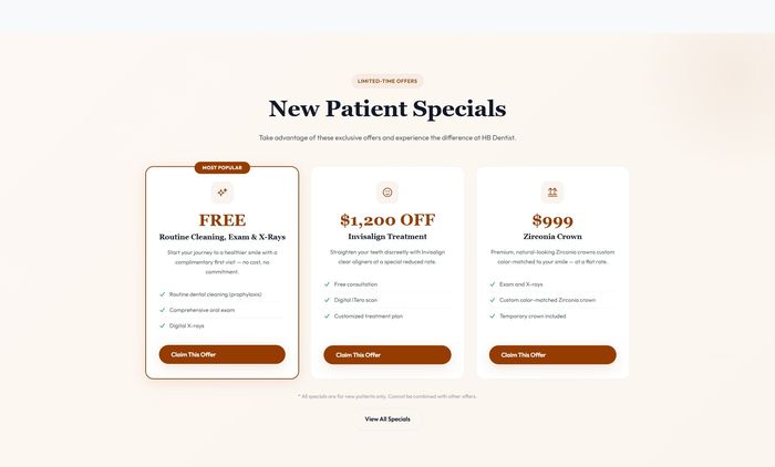 HB Dentist new patient specials — free cleaning, $1200 off Invisalign, $999 Zirconia crown offer cards