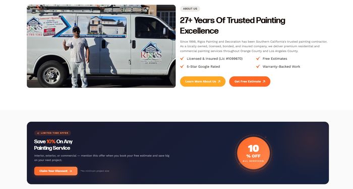 Rigos Painting — 27+ Years Of Trusted Painting Excellence with team photo and 10% off promo