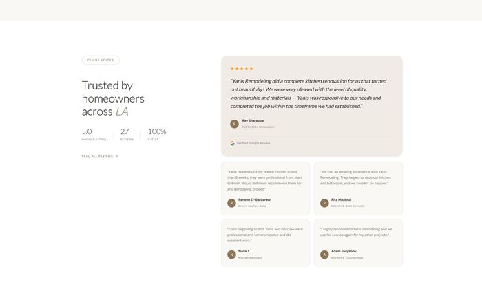 Yanis Remodeling testimonials — Trusted by homeowners across LA, 5.0 Google rating