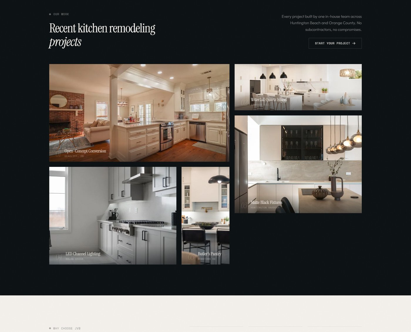 JVB Construction recent projects — Open-Concept Conversion, Marc Bach Penthouse, and Huntington Harbour remodels
