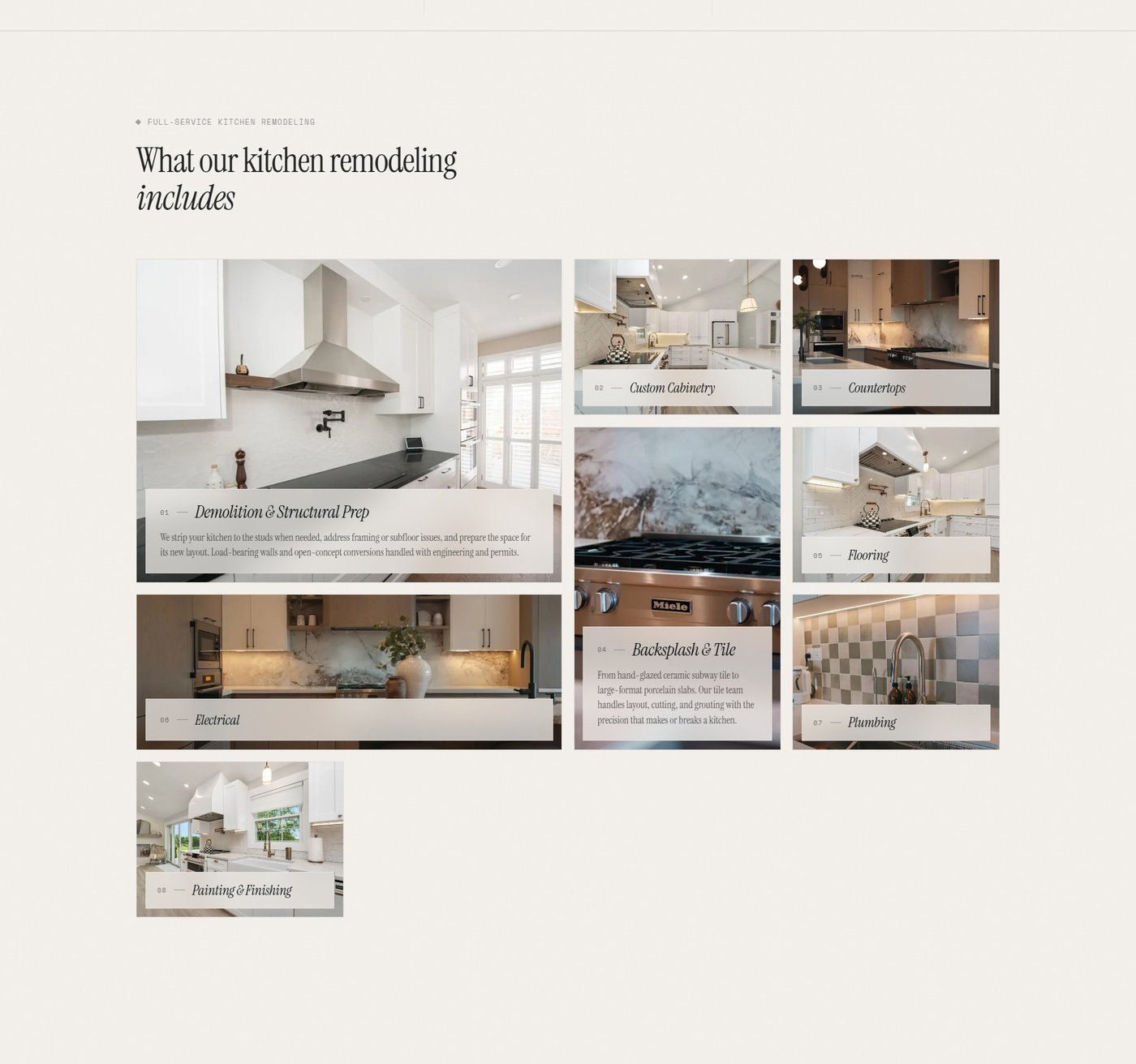 JVB Construction kitchen remodeling services — 8 trades including custom cabinetry, countertops, electrical, and plumbing