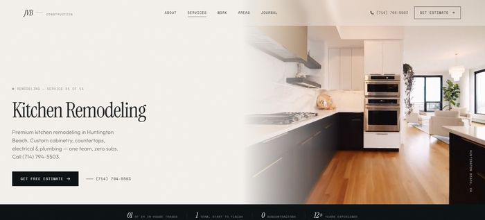 JVB Construction hero — Kitchen Remodeling in Huntington Beach with premium kitchen photo, 14 in-house trades, 1 team, 0 subcontractors, 12+ years stats bar