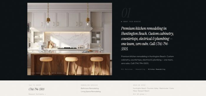 JVB Construction — Full-width kitchen remodeling showcase with custom cabinetry, countertops, and premium finishes in Huntington Beach
