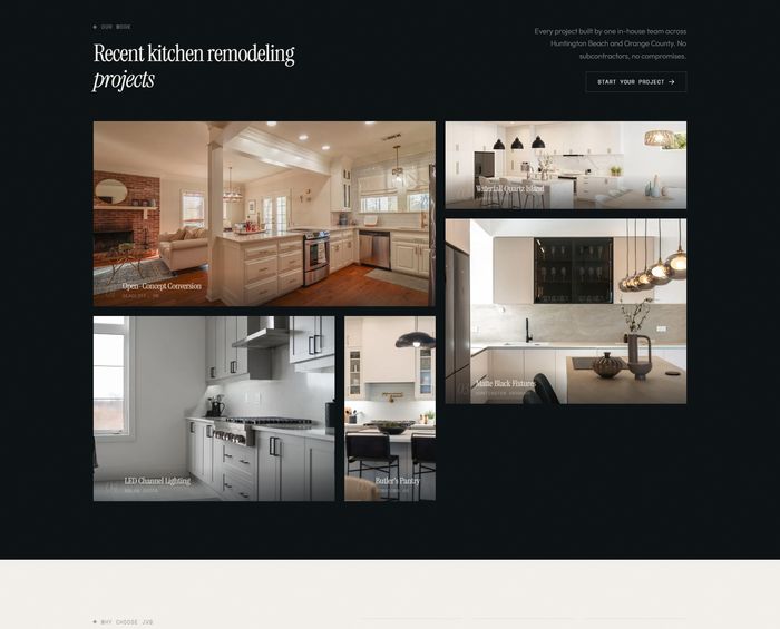 JVB Construction — Recent kitchen remodeling projects gallery with Open-Concept Conversion, Marc Bach Penthouse, LED Channel Lighting, Noah's Place, and Huntington Harbour