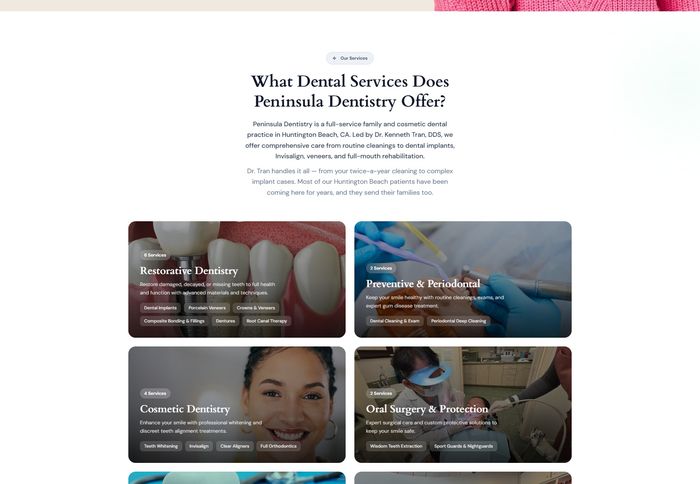 Peninsula Dentistry services — Restorative, Preventive, Cosmetic, Oral Surgery, Emergency, and Family Dentistry with service category cards