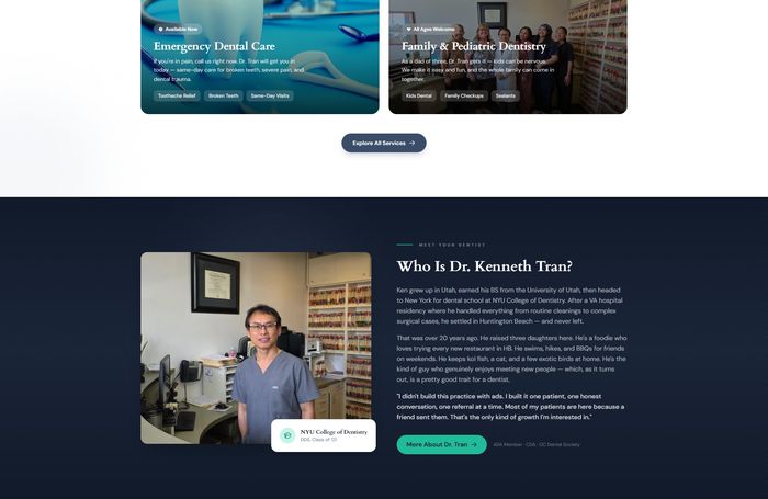Peninsula Dentistry — Who Is Dr. Kenneth Tran? NYU-trained dentist with 20+ years in Huntington Beach, photo and bio section