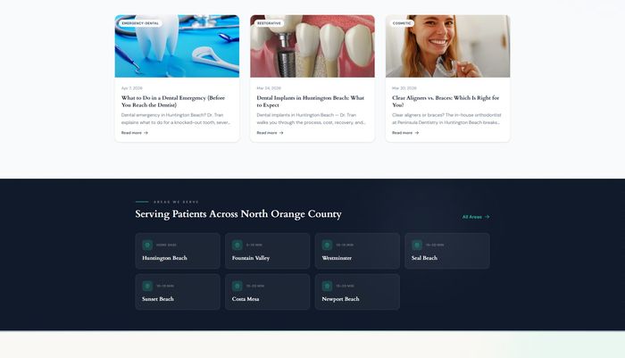 Peninsula Dentistry — Serving Patients Across North Orange County with city cards for Huntington Beach, Fountain Valley, Westminster, Seal Beach, Sunset Beach, Costa Mesa, Newport Beach