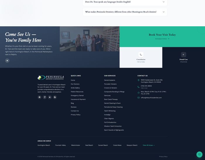 Peninsula Dentistry — Come See Us You're Family Here CTA with team photo, Book Your Visit Today form, and footer with full service links and contact details