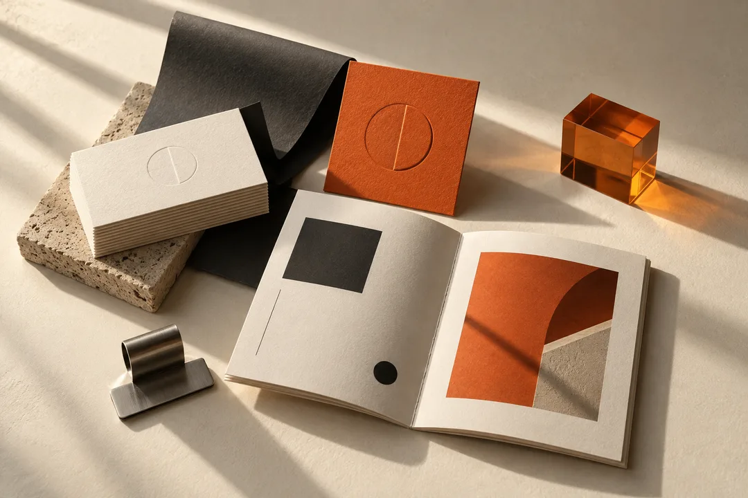 Concept illustration of embossed stationery, an editorial booklet, and amber acrylic in warm studio light.