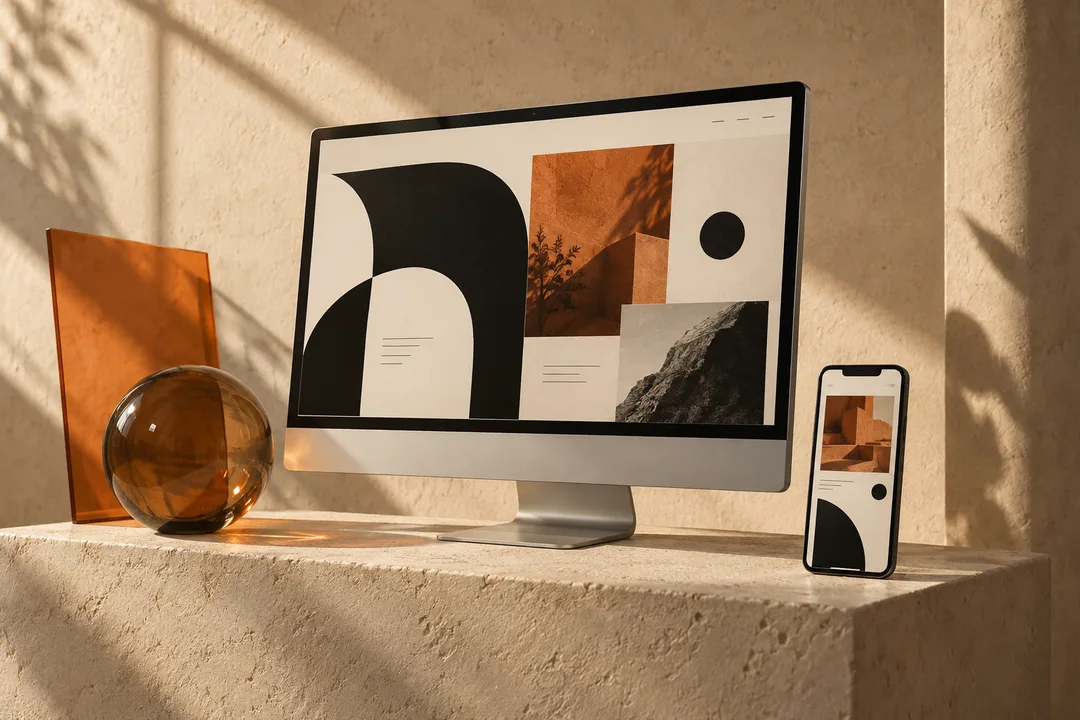 Concept illustration of a desktop and phone displaying coordinated layouts, beside amber glass on a stone plinth.