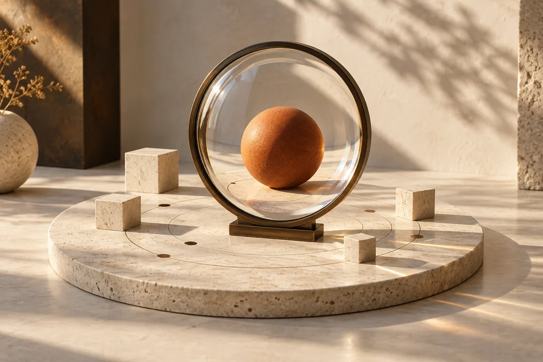 Concept illustration of an optical lens bringing an orange sphere into focus among connected stone blocks.