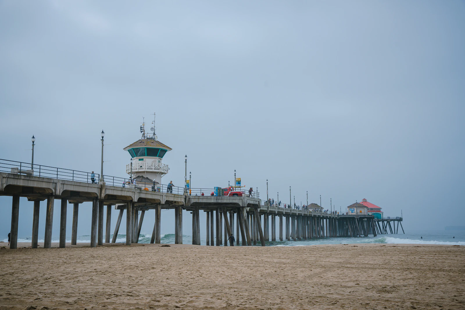 Huntington Beach Pier extending into the Pacific on a misty day