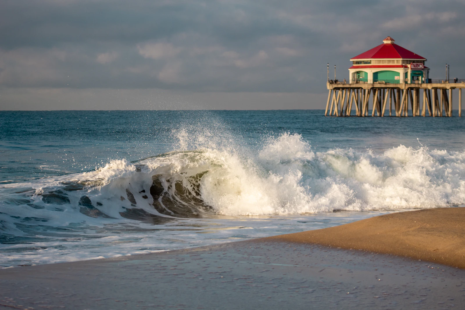 Ocean waves beside the Huntington Beach Pier