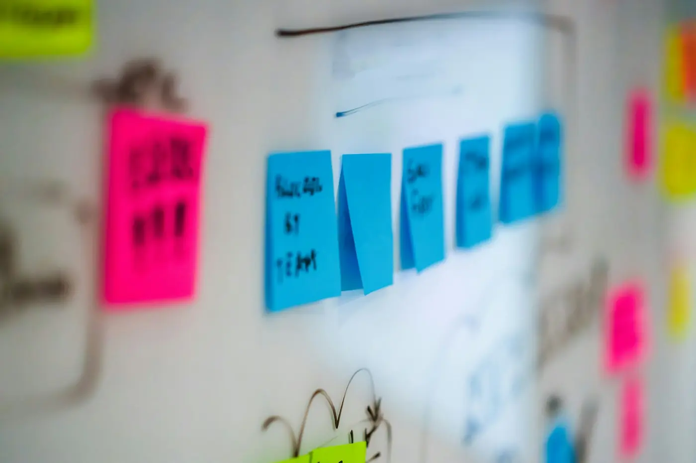 A wall of organized sticky notes used for project planning